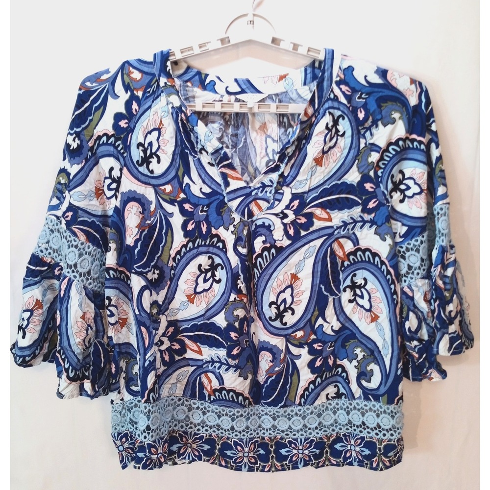Crown & Ivy Curvy Women's Boho Blouse Top, 2X, Floral Paisley, Bell Sleeves